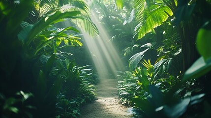 Lush green jungle path bathed in sunlight creating a tranquil atmosphere.