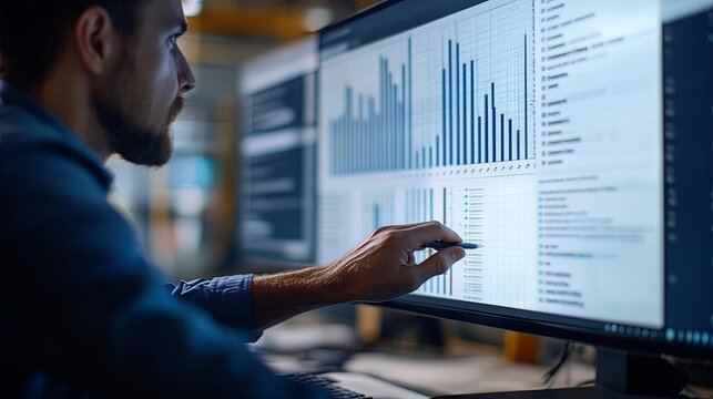 Engineering or project management workflow concept. A site manager reviews a Gantt chart to monitor task planning and progress using scheduling software - part of a corporate construction and operatio