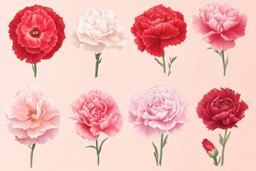 Variety of vibrant carnations, soft pink background.