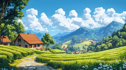 Obraz premium Serene Mountain Village: A Picturesque Summer Day