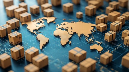 Illustration of global logistics: Earth's map surrounded by shipping boxes, highlighting worldwide delivery services on a blue background 