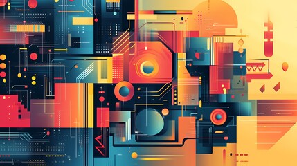 Obraz premium Abstract digital artwork featuring vibrant shapes and colors in a geometric composition.