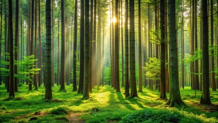 Dense foliage and towering tree trunks in a wood pellet forest , reforestation efforts, forest landscape