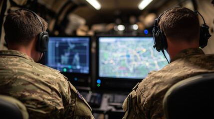 Inside an armored logistics trailer, two military men stare intently at a computer display showing supply drops and routes, backs straight, radios clipped to shoulders