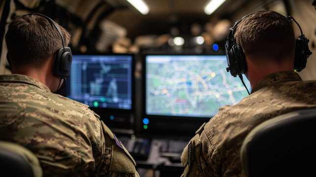 Inside an armored logistics trailer, two military men stare intently at a computer display showing supply drops and routes, backs straight, radios clipped to shoulders
