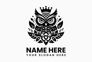 Ornate owl with intricate crown and symmetrical acanthus leaves, heraldic vector emblem for luxury brands