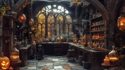 Obraz premium Medieval alchemist laboratory. Halloween. Fairy-tale interior