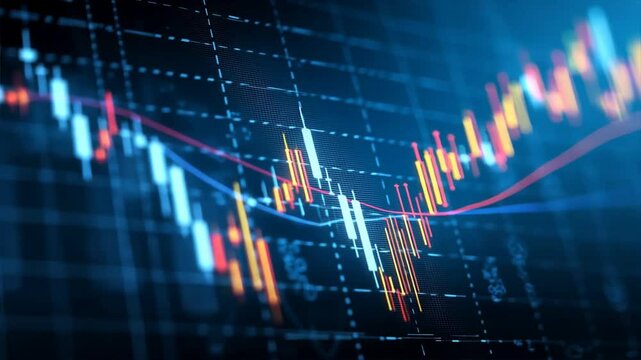 Blue background with rising candlestick stock chart showing business growth, trading success, startup business goals and investment with rocket launch concept