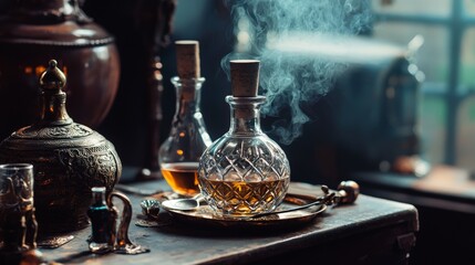 Vintage glass bottles on wooden table with moody lighting in apothecary steampunk dark fantasy scene