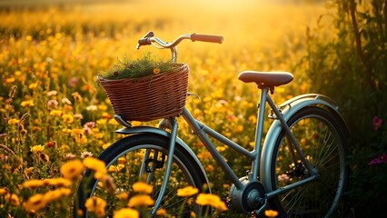 Naklejka premium Retro Bicycle Parked Near Blooming Meadow in Warm Sunlight