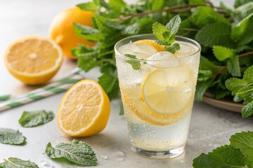 A glass of cold lemonade with ice cubes and slices of lemon and orange. Green mint leaves in the background. High quality photo
