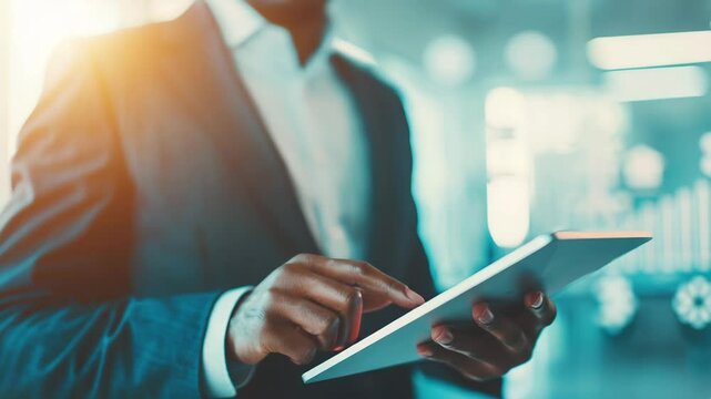 Modern Business Man: A distinguished individual in a tailored suit intently uses a tablet, immersed in the digital world of modern business, data analysis and market trends.