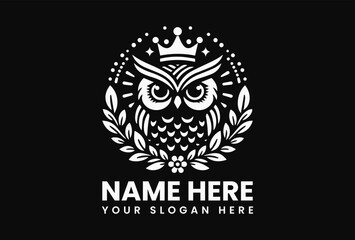 Geometric owl with crescent moon crown and laurel leaves, clean vector logo for eco-conscious brands 