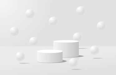 Realistic white 3d cylinder podium with bubble sphere ball floating on the air. Minimal bubble scene for product presentation. Vector geometric platform. Stage for showcase. 3d vector rendering,
