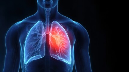 Glowing human figure shows lungs in X ray with infection details, concept of respiratory lungs infection and lungs cancer in digital body scan
