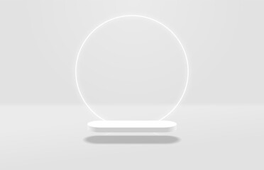 Realistic white 3d round podium or pedestal floating with circle glowing neon light background. Minimal scene for cosmetic mockup. 3d stage for showcase. Vector geometric platform. 3d vector rendering