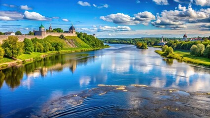 Obraz premium View from Narva in Estonia over the border river Narva and Russian border with Ivangorod Russia in summer under blue sky, Estonian-Russian border , border landscape