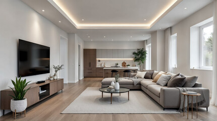 Modern living room with stylish sectional sofa and open-plan kitchen in transitional home d&eacute;cor