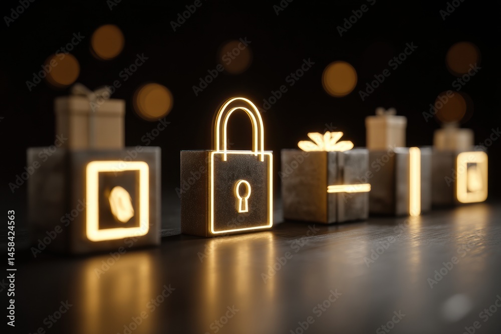 Aufkleber Secure Online Payment Concept With Glowing Lock and Package Icons in a Dark Setting Generative AI