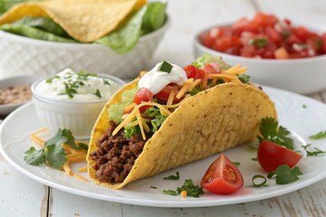 Taco filled with ground beef, shredded cheddar cheese, lettuce, tomatoes, and sour cream in a crispy corn tortilla. High quality photo