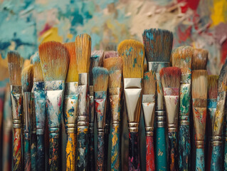 Obraz premium Top View Of Paint Brush On Bright Colorful Textured Background