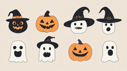 Fototapeta premium Cute cartoon halloween faces with ghosts pumpkins witch hat and pastel beige background for playful spooky clipart and themed festive illustration usage in holiday designs, 