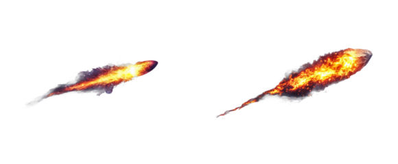 Two flaming meteorites, burning asteroids flying, blazing trail, cut out transparent