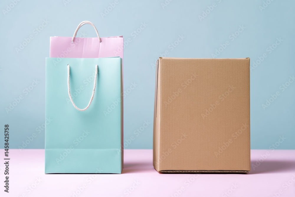 Poster shopping bag and cardboard box arranged side by side in pastel tones on a soft surface during bright