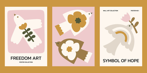 Neutral colors floral vector posters set. Minimalist print designs with boho doves and flowers illustrations