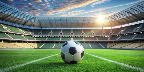 A sleek soccer ball lies on a lush green lawn amidst the grandeur of an outdoor stadium with tiered seating and sprawling bleachers , athletic field, sports equipment