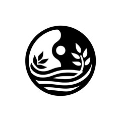 Yin Yang Nature Symbol with Leaves and Waves, Minimalist Design