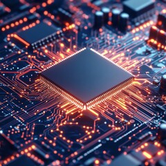 Obraz premium Close-Up View of Computer Microchip on Circuit Board with Glow Effects