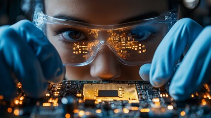 Close-up of scientist examining illuminated microchip circuit board with focus gear.