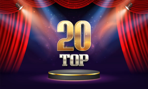 Top 20 award poster. Presentation 20 best on podium with red curtain illuminated by spotlights. Vector illustration.