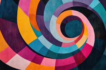 Obraz premium Colorful Spiral Abstract: An abstract artwork featuring a vibrant spiral pattern, composed of bold, saturated colors and geometric shapes. The design creates a sense of movement and depth.