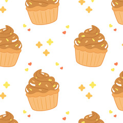 Seamless pattern with chocolate cupcakes, yellow sprinkles and frosting in flat cartoon style. Cute dessert repeat on white background. 