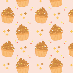 Flat cartoon seamless pattern with chocolate cupcakes and frosting. Cute dessert repeat on light pink background for bakery wrapping, birthday themes, children designs and celebration prints.