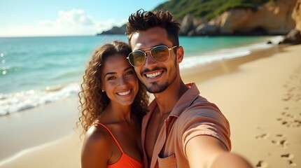Smiling couple enjoying a sunny beach day, embracing the summer vibes with playful energy and ocean waves in the background.