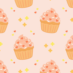 Seamless pattern with cute pink cupcakes topped with heart sprinkles in flat cartoon style. Fun dessert repeat on pastel pink background. 
