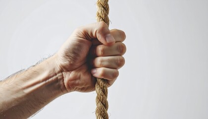 Grasping the Climb: A determined hand grips a sturdy rope, symbolizing resilience, strength, and the pursuit of ambitious goals in a compelling close-up.