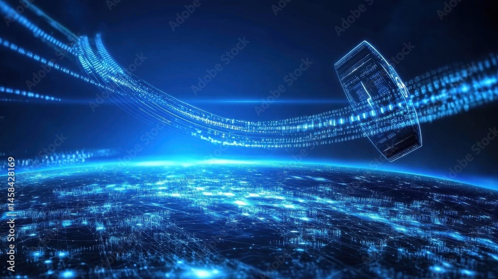 Poster global network connection: a futuristic view of the planet earth, intertwined with shimmering lines 