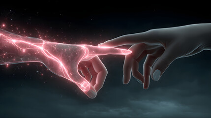 Digital hand glowing with pink light reaches out to touch human hand against dark background, symbolizing connection between technology and humanity
