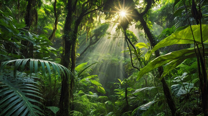 Fototapeta premium vibrant lush Tropical Rainforest Canopy with Sunbeam