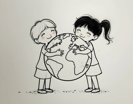 Children Hugging a Globe Earth Illustration in Black and White