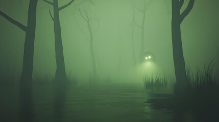 Obraz premium Enigmatic creature in a misty swampy wood.