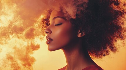 Artistic portrait of woman with afro and smoke serene surreal fashion beauty dreamy atmosphere light