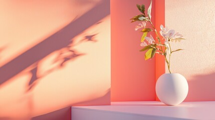 Minimal flower in vase soft pink sunlight shadows geometric wall interior artistic calm composition