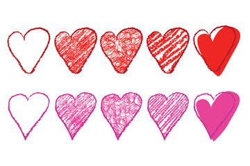 set of red and pink crayon love shape, at white background