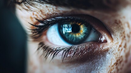 Closeup of blue eye freckles face detail macro photography vision beauty identity intense look