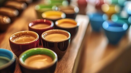 Colorful handmade ceramic mugs on table artisan pottery traditional glaze craft artistic bright cultural